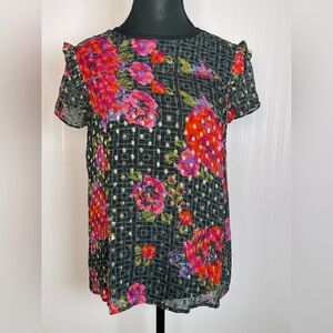 Anthropologie blouse sheer size 0 metallic ruffle floral Office cottage core‎